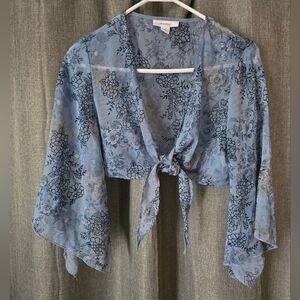Dress Barn Y2k Floral Glitter Front Tie Crop Top Long Flutter Sleeves Sz M Blue
